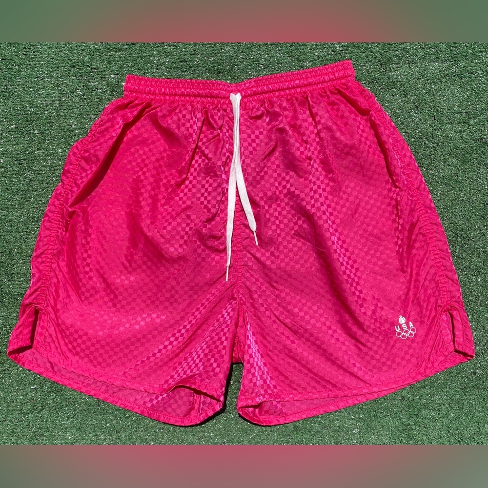 Vintage 90’s Team USA Olympic Hot Pink Checkered Soccer Shorts Men’s SZ Medium